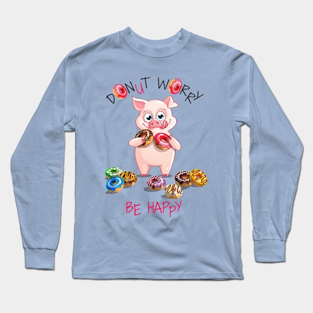 PIG Donut Worry Long Sleeve T-Shirt by Mako Design 